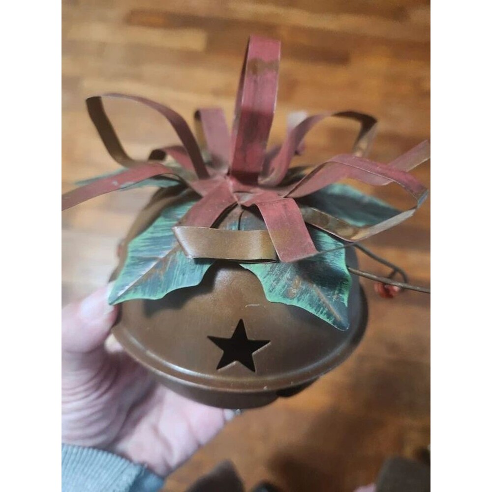 Giant Jingle Bell with Metal Ribbon & Rustic Leaves & beads 4.5 inches Vtg 1980s